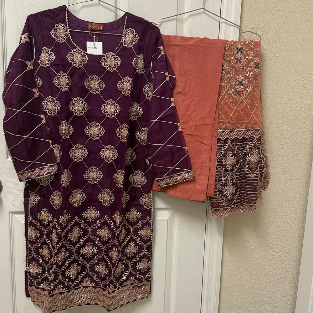 Pakistani Indian — Deep Purple Embroidered Salwar Kameez Custom Stictched #830